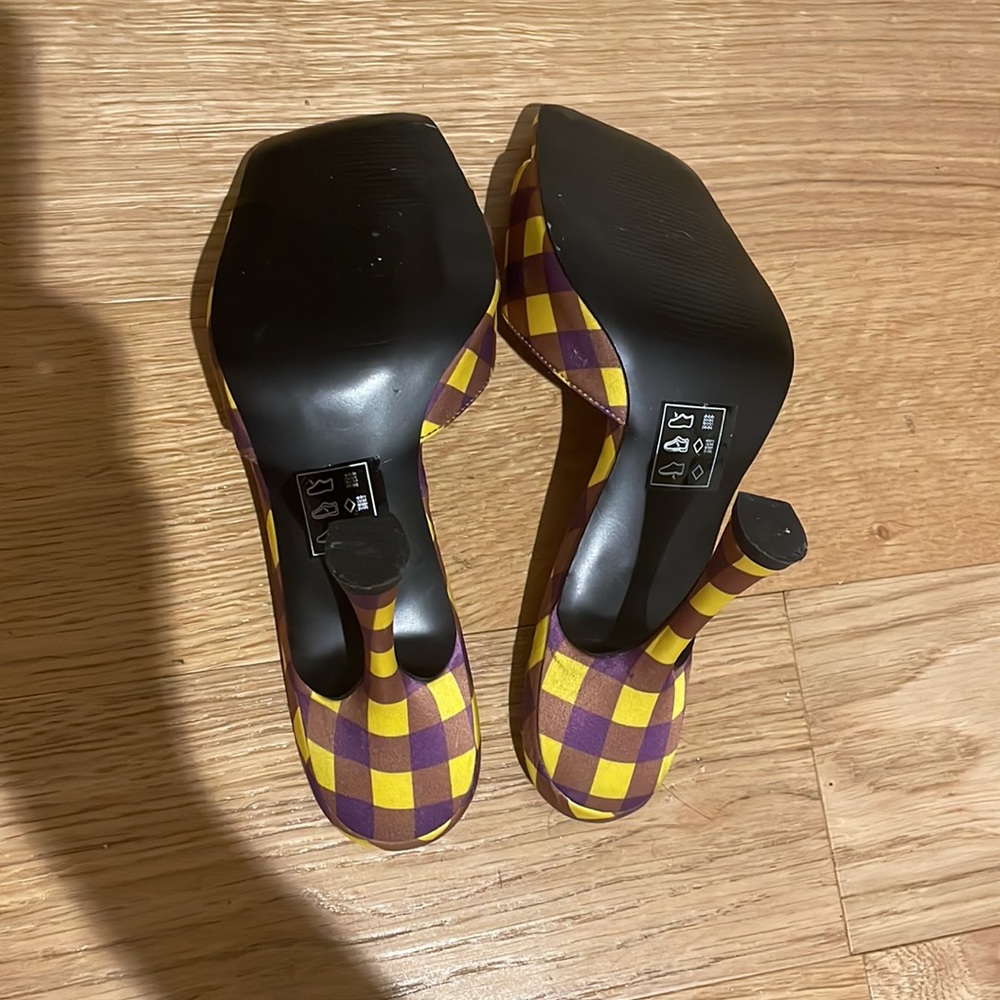 Open Toe Mules Pattern Plaid Heels - image 6